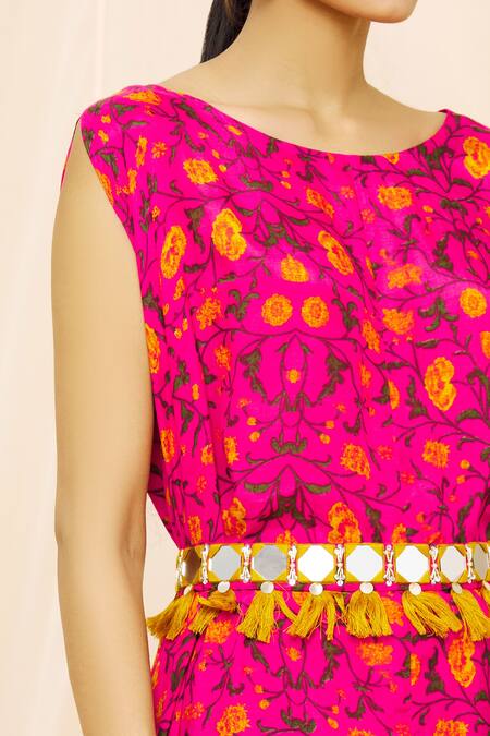 Yogita Kadam_Pink Muslin Floral, Mirror Work Round Print Cowl Dress_at_Aza_Fashions