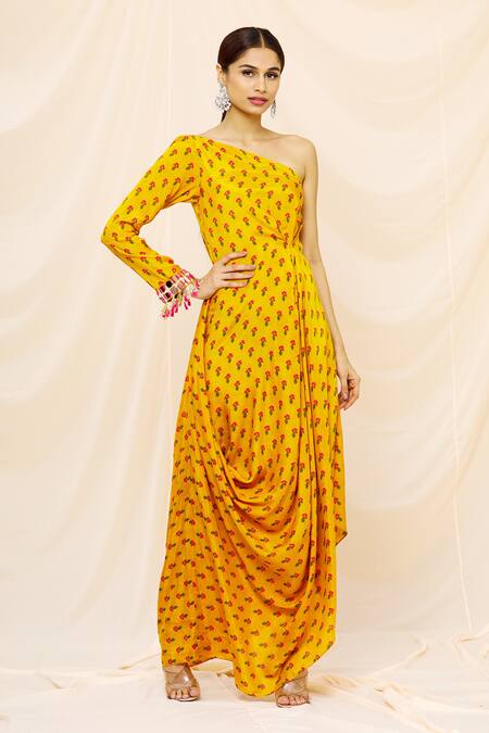 Yogita Kadam_Yellow Muslin One Shoulder Cowl Dress_Online_at_Aza_Fashions