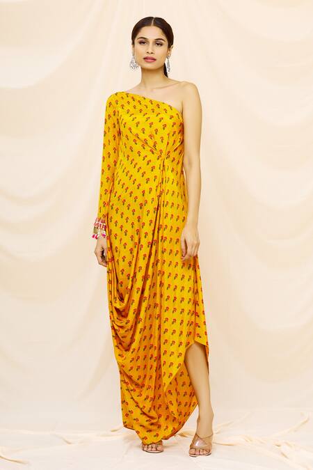 Buy_Yogita Kadam_Yellow Muslin One Shoulder Cowl Dress_Online_at_Aza_Fashions