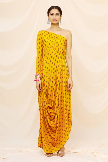 Shop_Yogita Kadam_Yellow Muslin One Shoulder Cowl Dress_Online_at_Aza_Fashions