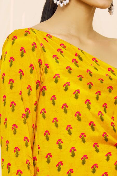 Yogita Kadam_Yellow Muslin One Shoulder Cowl Dress_at_Aza_Fashions