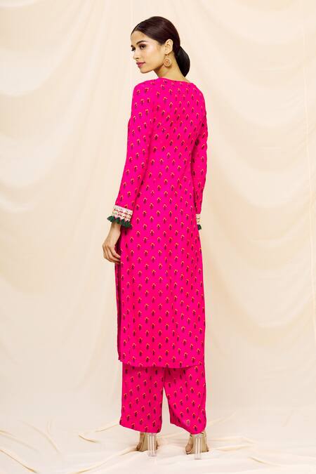 Shop Yogita Kadam Pink Muslin Embroidered Mirror Work Round Printed Kurta And Palazzo Set at Aza Fashions Shop_Yogita Kadam_Pink Muslin Embroidered Mirror Work Round Printed Kurta And Palazzo Set _at_Aza_Fashions