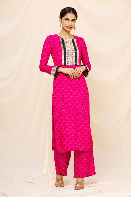 Yogita Kadam Pink Muslin Embroidered Mirror Work Round Printed Kurta And Palazzo Set Online at Aza Fashions Yogita Kadam_Pink Muslin Embroidered Mirror Work Round Printed Kurta And Palazzo Set _Online_at_Aza_Fashions