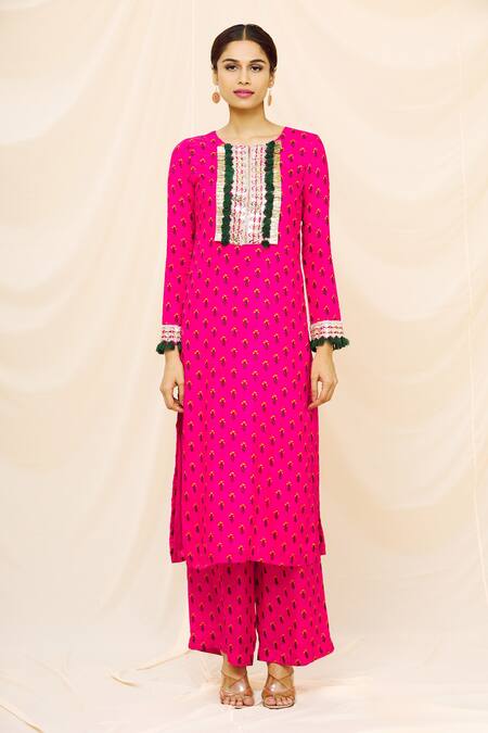 Buy Yogita Kadam Pink Muslin Embroidered Mirror Work Round Printed Kurta And Palazzo Set Online at Aza Fashions Buy_Yogita Kadam_Pink Muslin Embroidered Mirror Work Round Printed Kurta And Palazzo Set _Online_at_Aza_Fashions