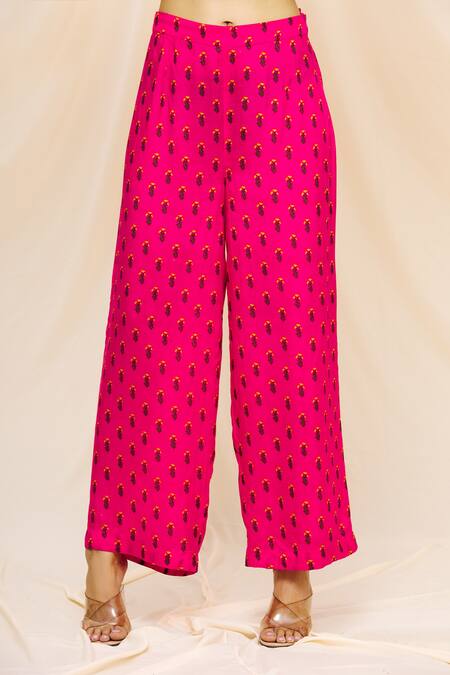 Shop Yogita Kadam Pink Muslin Embroidered Mirror Work Round Printed Kurta And Palazzo Set Online at Aza Fashions Shop_Yogita Kadam_Pink Muslin Embroidered Mirror Work Round Printed Kurta And Palazzo Set _Online_at_Aza_Fashions