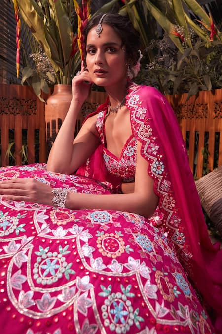Aneesh Agarwaal - Pink Organza Embroidery Mirror Sweetheart Neck Bridal  Lehenga Set For Women