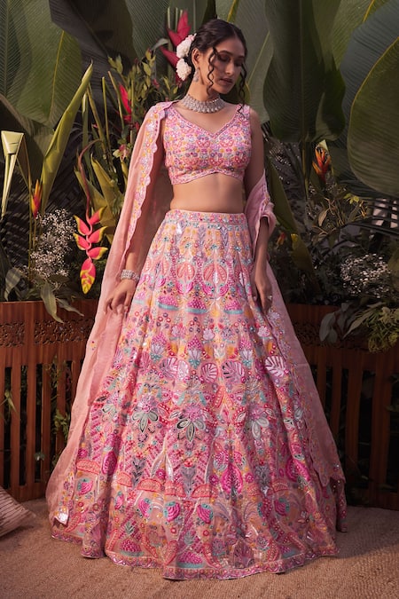 Buy Peach Organza Embroidery Mirror Leaf Neck Bridal Lehenga Set For ...