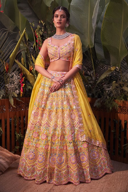Yellow & Pink Embroidered Lehenga Set Design by Mint Blush at Pernia's Pop  Up Shop 2024