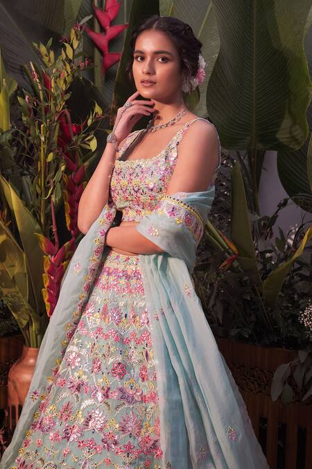 Aneesh Agarwaal_Blue Organza Foil And Gota Patti, Mirror, Thread Embroidered Bridal Lehenga Set _Online_at_Aza_Fashions