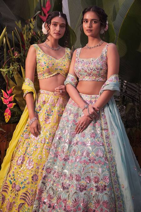 Buy_Aneesh Agarwaal_Blue Organza Foil And Gota Patti, Mirror, Thread Embroidered Bridal Lehenga Set _Online_at_Aza_Fashions