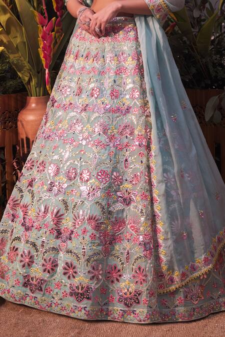 Aneesh Agarwaal_Blue Organza Foil And Gota Patti, Mirror, Thread Embroidered Bridal Lehenga Set _at_Aza_Fashions