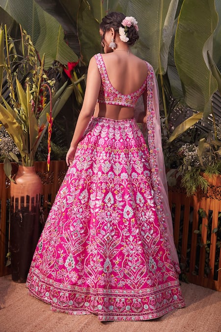 Shop Aneesh Agarwaal Pink Silk, Net Foil , Mirror Round Embroidered Bridal Lehenga Set at Aza Fashions Shop_Aneesh Agarwaal_Pink Silk, Net Foil , Mirror Round Embroidered Bridal Lehenga Set _at_Aza_Fashions
