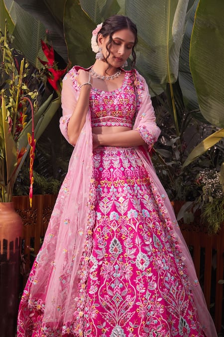 Aneesh Agarwaal Pink Silk, Net Foil , Mirror Round Embroidered Bridal Lehenga Set Online at Aza Fashions Aneesh Agarwaal_Pink Silk, Net Foil , Mirror Round Embroidered Bridal Lehenga Set _Online_at_Aza_Fashions