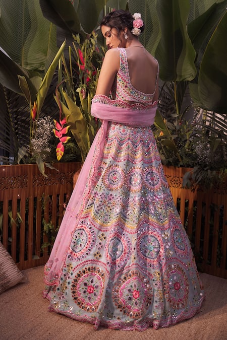 Shop Aneesh Agarwaal Blue Organza, Net Foil , Mirror Square Embroidered Bridal Lehenga Set at Aza Fashions Shop_Aneesh Agarwaal_Blue Organza, Net Foil , Mirror Square Embroidered Bridal Lehenga Set _at_Aza_Fashions