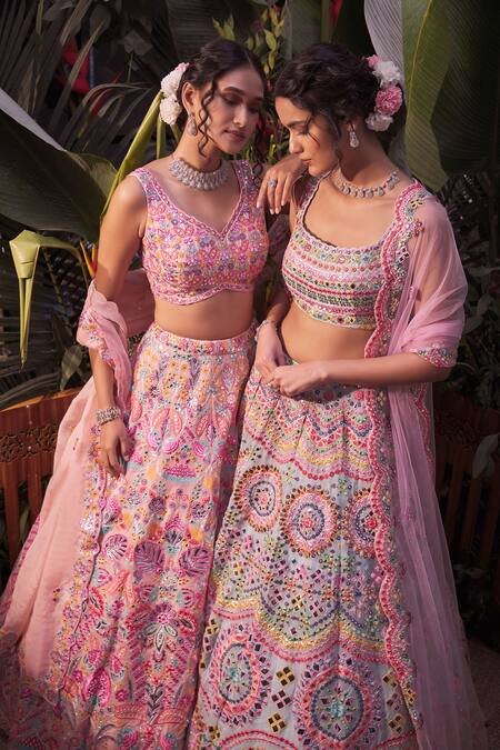 Aneesh Agarwaal Blue Organza, Net Foil , Mirror Square Embroidered Bridal Lehenga Set Online at Aza Fashions Aneesh Agarwaal_Blue Organza, Net Foil , Mirror Square Embroidered Bridal Lehenga Set _Online_at_Aza_Fashions