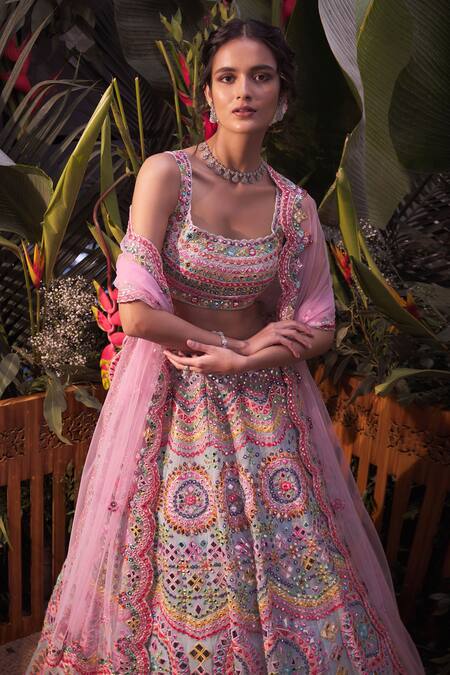 Shop Aneesh Agarwaal Blue Organza, Net Foil , Mirror Square Embroidered Bridal Lehenga Set Online at Aza Fashions Shop_Aneesh Agarwaal_Blue Organza, Net Foil , Mirror Square Embroidered Bridal Lehenga Set _Online_at_Aza_Fashions