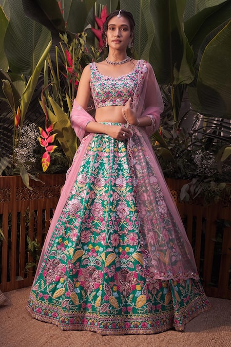 Buy Pink Chanderi Embroidered Zari Work Sweetheart Mirror Lehenga Set For  Women by Neha Khullar Online at Aza Fashions.