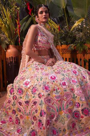 Aneesh Agarwaal_White Foil , Mirror V Neck Embroidered Bridal Lehenga Set _Online_at_Aza_Fashions