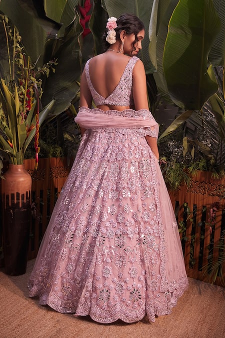 Shop_Aneesh Agarwaal_Grey Net Mirror, Thread And Gota Patti V Neck Embroidered Bridal Lehenga Set _at_Aza_Fashions