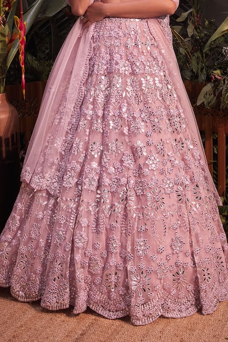 Buy_Aneesh Agarwaal_Grey Net Mirror, Thread And Gota Patti V Neck Embroidered Bridal Lehenga Set _Online_at_Aza_Fashions