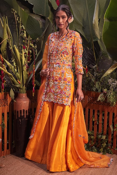 Aneesh Agarwaal Yellow Organza Embroidered Mirror Work Round Foil Applique Kurta Sharara Set 