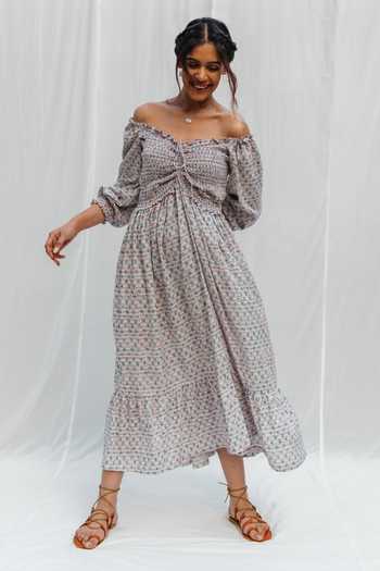 Myaara_White Printed Off Shoulder Dress_Online_at_Aza_Fashions