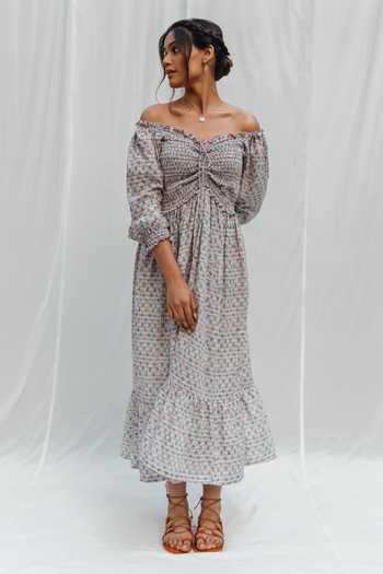 Buy_Myaara_White Printed Off Shoulder Dress_Online_at_Aza_Fashions