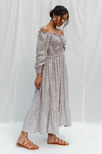 Shop_Myaara_White Printed Off Shoulder Dress_Online_at_Aza_Fashions