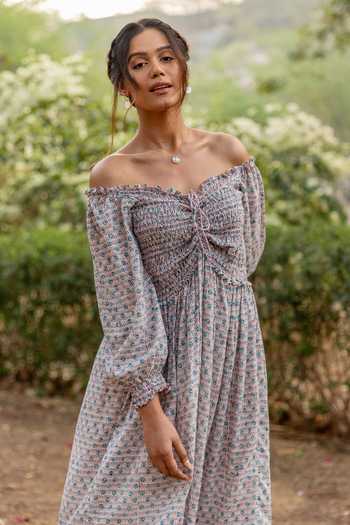 Myaara_White Printed Off Shoulder Dress_at_Aza_Fashions