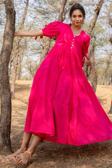 Myaara_Pink Mul V Neck Tie Up Sleeve Dress_Online_at_Aza_Fashions