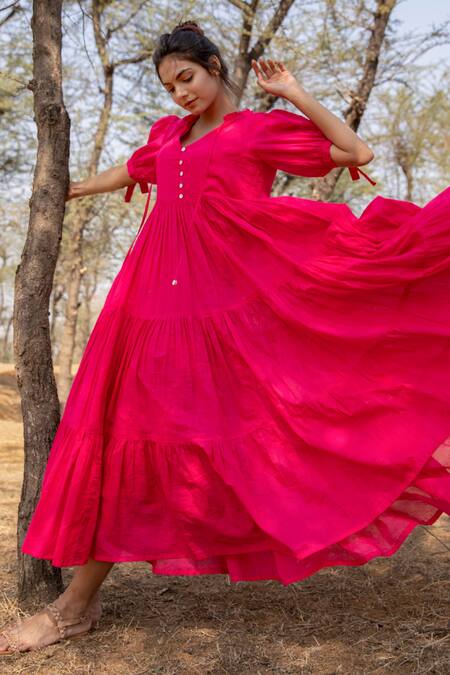 Buy_Myaara_Pink Mul V Neck Tie Up Sleeve Dress_Online_at_Aza_Fashions