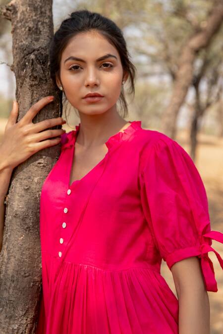 Shop_Myaara_Pink Mul V Neck Tie Up Sleeve Dress_Online_at_Aza_Fashions