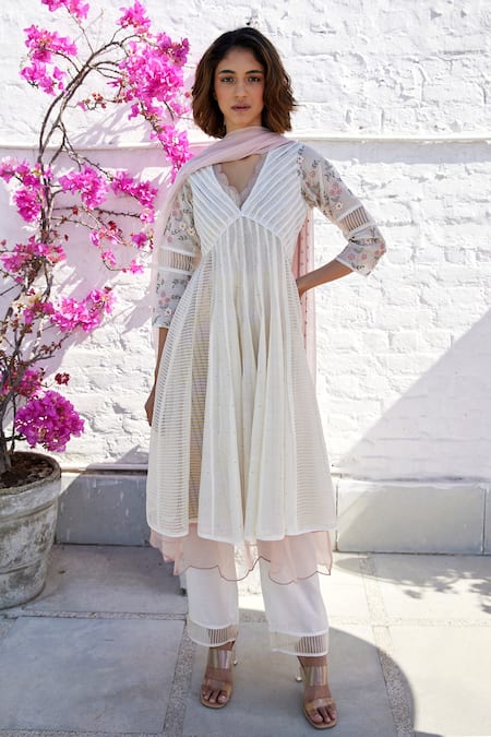 Buy White Anarkali Chanderi And Organza Silk Inner Cotton Silk Set For ...