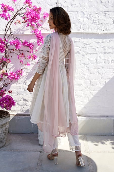 Shop Label Nimbus White Anarkali Chanderi And Organza Silk Inner Silk Pants Set at Aza Fashions Shop_Label Nimbus_White Anarkali Chanderi And Organza Silk Inner Silk Pants Set _at_Aza_Fashions