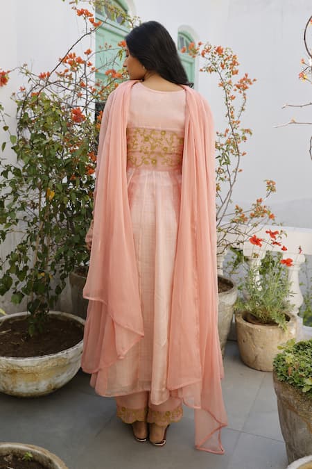 Shop_Label Nimbus_Peach Anarkali Chanderi And Kota Inner  Pants & Set _at_Aza_Fashions