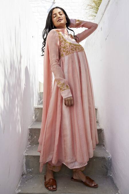 Label Nimbus Peach Anarkali Chanderi And Kota Inner Pants & Set Online at Aza Fashions Label Nimbus_Peach Anarkali Chanderi And Kota Inner Pants & Set _Online_at_Aza_Fashions