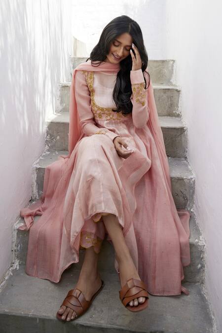 Buy Label Nimbus Peach Anarkali Chanderi And Kota Inner Pants & Set Online at Aza Fashions Buy_Label Nimbus_Peach Anarkali Chanderi And Kota Inner Pants & Set _Online_at_Aza_Fashions