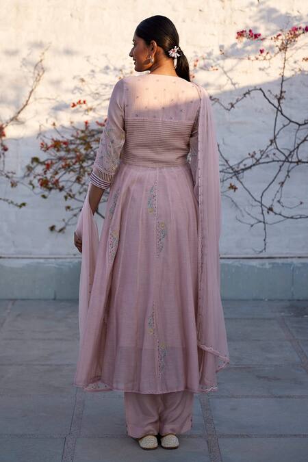 Shop Label Nimbus Pink Kurta Chanderi And Silk Organza Inner Cotton Mul Pants Anarkali Set at Aza Fashions Shop_Label Nimbus_Pink Kurta Chanderi And Silk Organza Inner Cotton Mul Pants Anarkali Set_at_Aza_Fashions