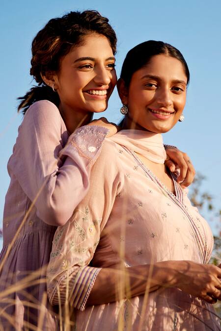 Shop Label Nimbus Pink Kurta Chanderi And Silk Organza Inner Cotton Mul Pants Anarkali Set Online at Aza Fashions Shop_Label Nimbus_Pink Kurta Chanderi And Silk Organza Inner Cotton Mul Pants Anarkali Set_Online_at_Aza_Fashions