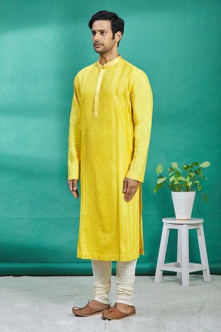 Kishore Ramani_Yellow Silk Pleated Kurta Set _Online_at_Aza_Fashions