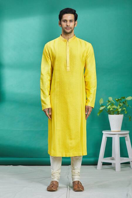 Buy_Kishore Ramani_Yellow Silk Pleated Kurta Set _Online_at_Aza_Fashions