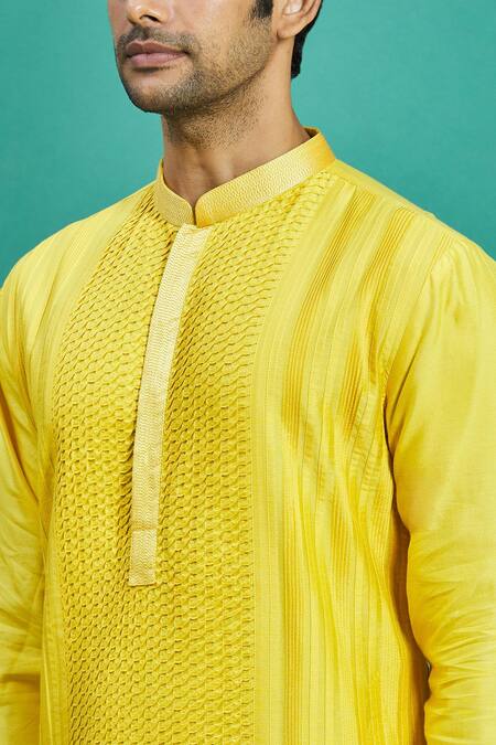 Kishore Ramani_Yellow Silk Pleated Kurta Set _at_Aza_Fashions