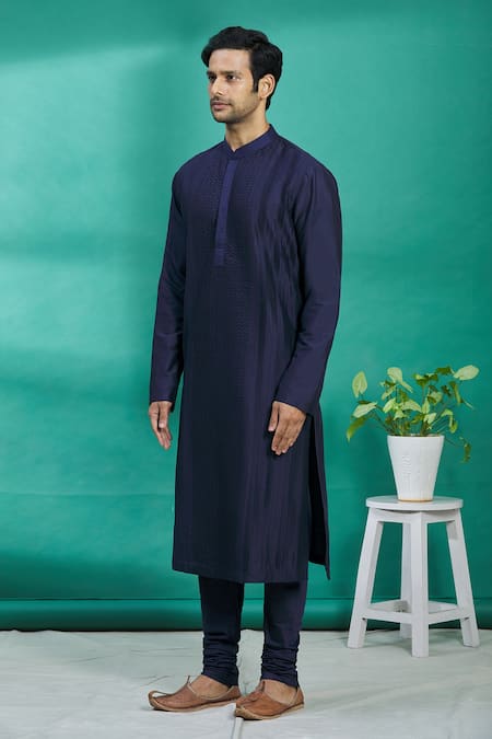Kishore Ramani_Blue Silk Pintuck Kurta Set _Online_at_Aza_Fashions