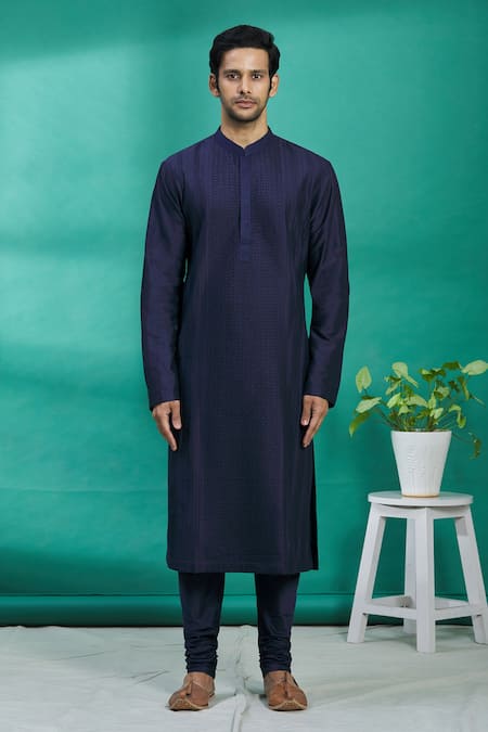 Buy_Kishore Ramani_Blue Silk Pintuck Kurta Set _Online_at_Aza_Fashions