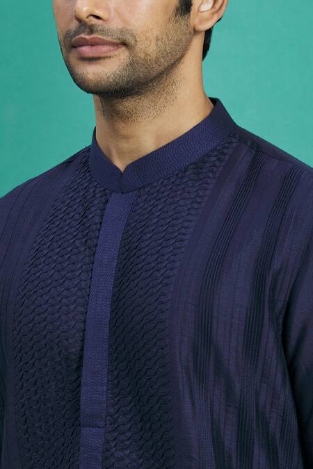 Kishore Ramani_Blue Silk Pintuck Kurta Set _at_Aza_Fashions