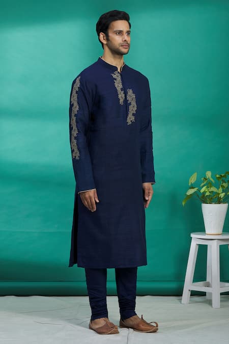Kishore Ramani_Blue Silk Floral Embroidered Kurta Set _Online_at_Aza_Fashions