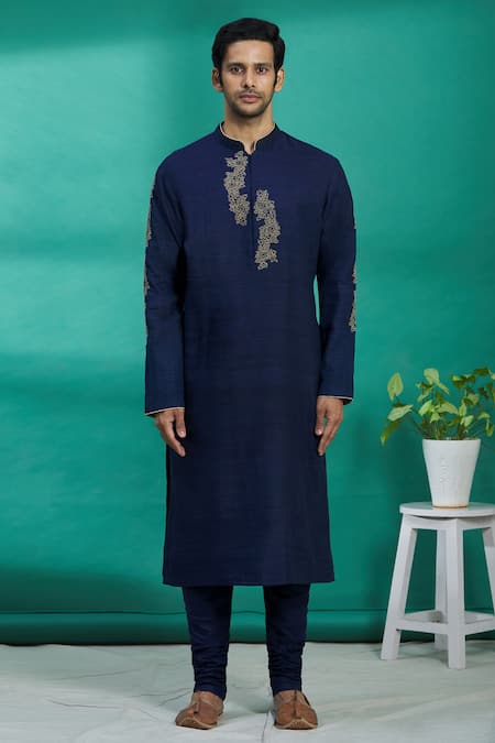 Buy_Kishore Ramani_Blue Silk Floral Embroidered Kurta Set _Online_at_Aza_Fashions