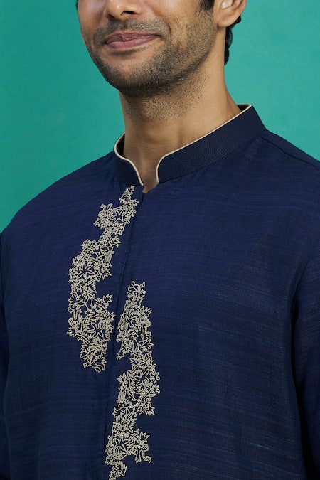 Kishore Ramani_Blue Silk Floral Embroidered Kurta Set _at_Aza_Fashions