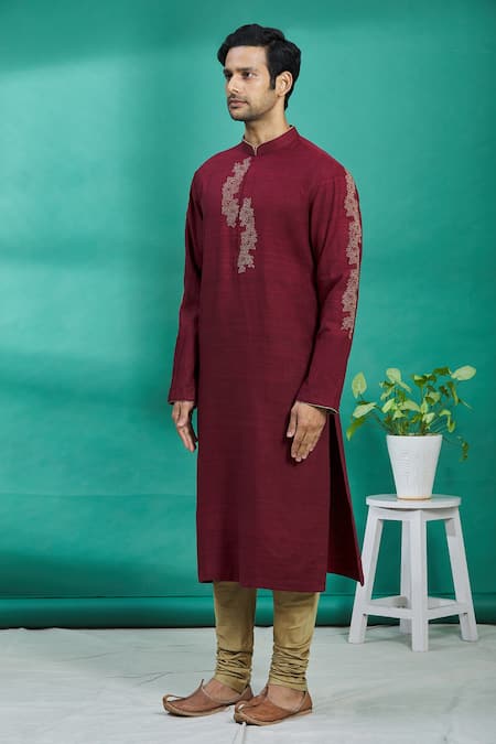 Kishore Ramani_Maroon Silk Floral Embroidered Kurta Set _Online_at_Aza_Fashions