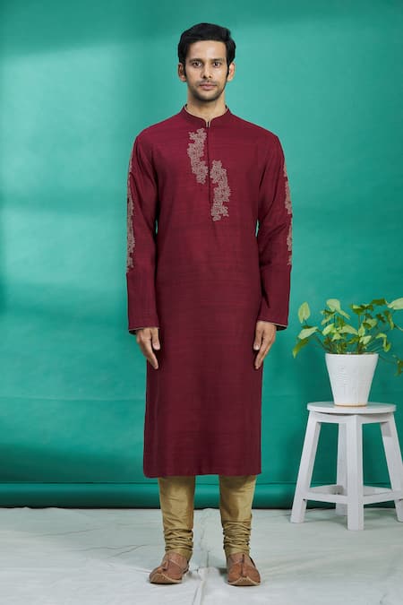 Buy_Kishore Ramani_Maroon Silk Floral Embroidered Kurta Set _Online_at_Aza_Fashions
